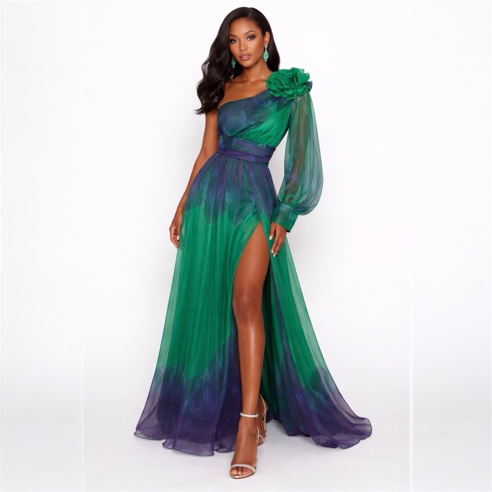 Women One Shoulder Maxi Dress S Green Purple Ombre Fairy‎ Ethereal Romantic Prom